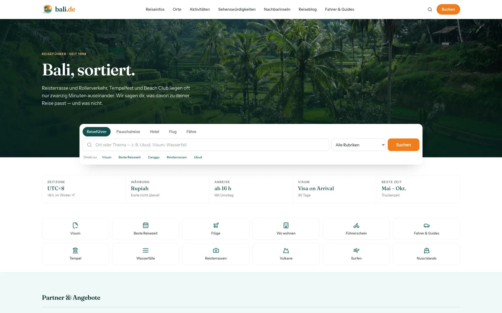 Startseite von bali.de mit Suchmaske für Pauschalreise, Hotel, Flug und Fähre