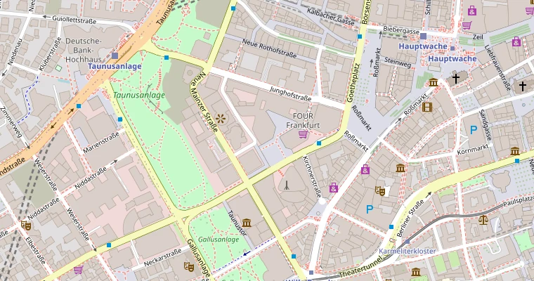 Kartenausschnitt der Frankfurter Innenstadt: das FOUR zwischen Neuer Mainzer Straße, Junghofstraße und Roßmarkt